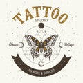 Tattoo studio banner. Classic and vintage tattoo. Realistic butterfly ,triangle and orbiting moon. Sacred geometry