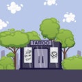 Tattoo studio building in summer landscape, vector illustration. Exterior of modern tattoo salon, small local business Royalty Free Stock Photo