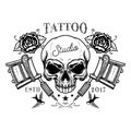 Tattoo studio emblem template. Crossed tattoo machine, skull, roses. Design element for logo, label, sign, poster, t shirt