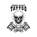 Tattoo studio emblem template. Crossed tattoo machine, skull, roses. Design element for logo, label, sign, poster, t shirt