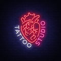 Tattoo studio logo, neon sign, symbol of human heart, bright billboards, night banner, neon bright advertising on