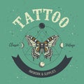 Tattoo studio poster. Classic and vintage tattoo. Butterfly, astrological symbols, phases of moon and sacred geometry.