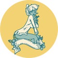 tattoo style icon of a pinup girl wearing a shirt with banner