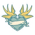 tattoo style icon of a swallows and a heart with banner