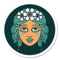 tattoo style sticker of female face with crown of flowers