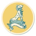 tattoo style sticker of a pinup girl wearing a shirt with banner