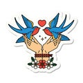 tattoo style sticker of a tied hands and swallows