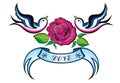 Tattoo Style Swallow with banner and rose. Old-school styled tattoo of a swallow with banner and rose