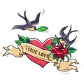 Tattoo Swallows fly over red heart and rose. True Love concept. Symbol of mutual love, happiness, hope.