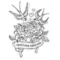Tattoo Swallows fly over two roses. Love forever. Black and white illustration Royalty Free Stock Photo