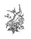 Tattoo Swallows with the inscription Love and a rose bud from below. Vector illustration. Tattoo of an American old school. Bird