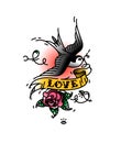 Tattoo Swallows with the inscription Love and a rose bud from below. Vector illustration. Tattoo of an American old school. Bird