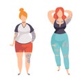 Tattooed or Inked Woman in Standing Pose with Plump Body Vector Set