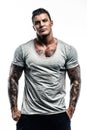 Tattooed man in grey t shirt. Royalty Free Stock Photo