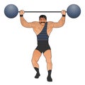 Tattooed and mustachioed strongman dressed in the old way, lifting weights, isolated on white background Royalty Free Stock Photo