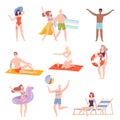 Tattooed People Characters in Swimming Suit Resting on Beach Vector Illustration Set