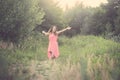 Tattooed Woman Dancing on Forest Glade Royalty Free Stock Photo