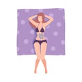 Tattooed Woman in Swimming Suit Lying on Beach Towel Top View Vector Illustration