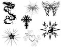 Set of Tattoos with different subjects, black and white, artistic, isolated. Royalty Free Stock Photo