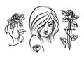 Tattoos. Beauty girl, knife, rose and barbed wire Royalty Free Stock Photo