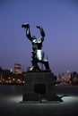 Tatue `The Destroyed City` De Verwoeste Stad by Zadkine in Rotterdam Holland at blue hour