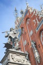 Riga, Latvia - August 10, 2014 - Saint George battles to dragon, Statue of the knight Roland with sword defeating a dragon in Royalty Free Stock Photo