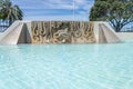 Tauranga CBD Downtown water-feature with sculpture dolphins and seagull using clear turquoise water for refreshment