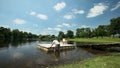 TAURIAC, FRANCE - JUNE 26: Putting floating platform on lake on June 26, 2013 on Tauriac lake, France. Tauriac leaisure park is an