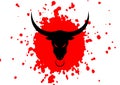 Taurus black angry bull head logo design template. Running of the Bulls festival, bullfighting bull with red blood sketch splatter