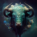 Taurus bull animal with flowers realistic floral background wallpaper beautiful illustration Generative AI