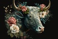 Taurus bull animal with flowers realistic floral background wallpaper beautiful illustration Generative AI