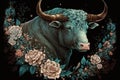 Taurus bull animal with flowers realistic floral background wallpaper beautiful illustration Generative AI