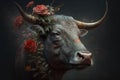 Taurus bull animal with flowers realistic floral background wallpaper beautiful illustration Generative AI