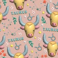 Taurus Cute 3D illustration Zodiac signs seamless pattern , Zodiac icons astrological pattern Horoscope symbols Royalty Free Stock Photo