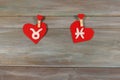 Taurus and fish. signs of the zodiac and heart. wooden backgroun