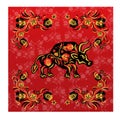 Taurus greeting card, bull, buffalo with red and yellow in ethnic Russian style, symbol of the year, illustration eps 10 Royalty Free Stock Photo