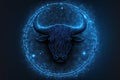 Taurus horoscope sign in a glowing circle in the starry sky.
