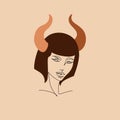 Taurus woman astrological sign. Beautiful girl in flat line art style Royalty Free Stock Photo