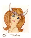 Taurus. A young beautiful girl In the form of one of the signs of the zodiac.