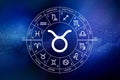 Taurus zodiac sign. Abstract night sky background. Taurus icon on blue space background Royalty Free Stock Photo