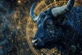 Taurus zodiac sign against horoscope wheel Royalty Free Stock Photo