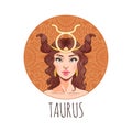 Taurus zodiac sign artwork, beautiful girl face, horoscope symbol, star sign, vector illustration Royalty Free Stock Photo