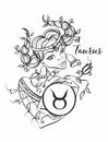 The Taurus zodiac sign as a beautiful girl. Horoscope. Astrology.Coloring. Vector Royalty Free Stock Photo
