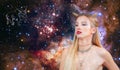 Taurus Zodiac Sign. Astrology and horoscope. Beautiful woman Taurus on the galaxy background