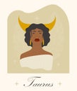 Taurus zodiac sign black woman cartoon vector illustration. Mystic afro lady, horoscope sign personality.