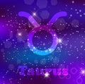 Taurus Zodiac sign on a cosmic purple background with sparkling stars and nebula