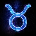 Taurus zodiac sign icon, blue neon hologram on a dark background of the starry sky, horoscope signs. The concept of fate, Royalty Free Stock Photo