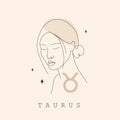 Taurus zodiac sign. One line drawing. Astrological icon with abstract woman face. Mystery and esoteric outline logo Royalty Free Stock Photo