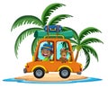 Tavelling car in tropical island splash water cartoon character on white background Royalty Free Stock Photo