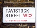 Tavistock street sign in City of Westminster at Central London,